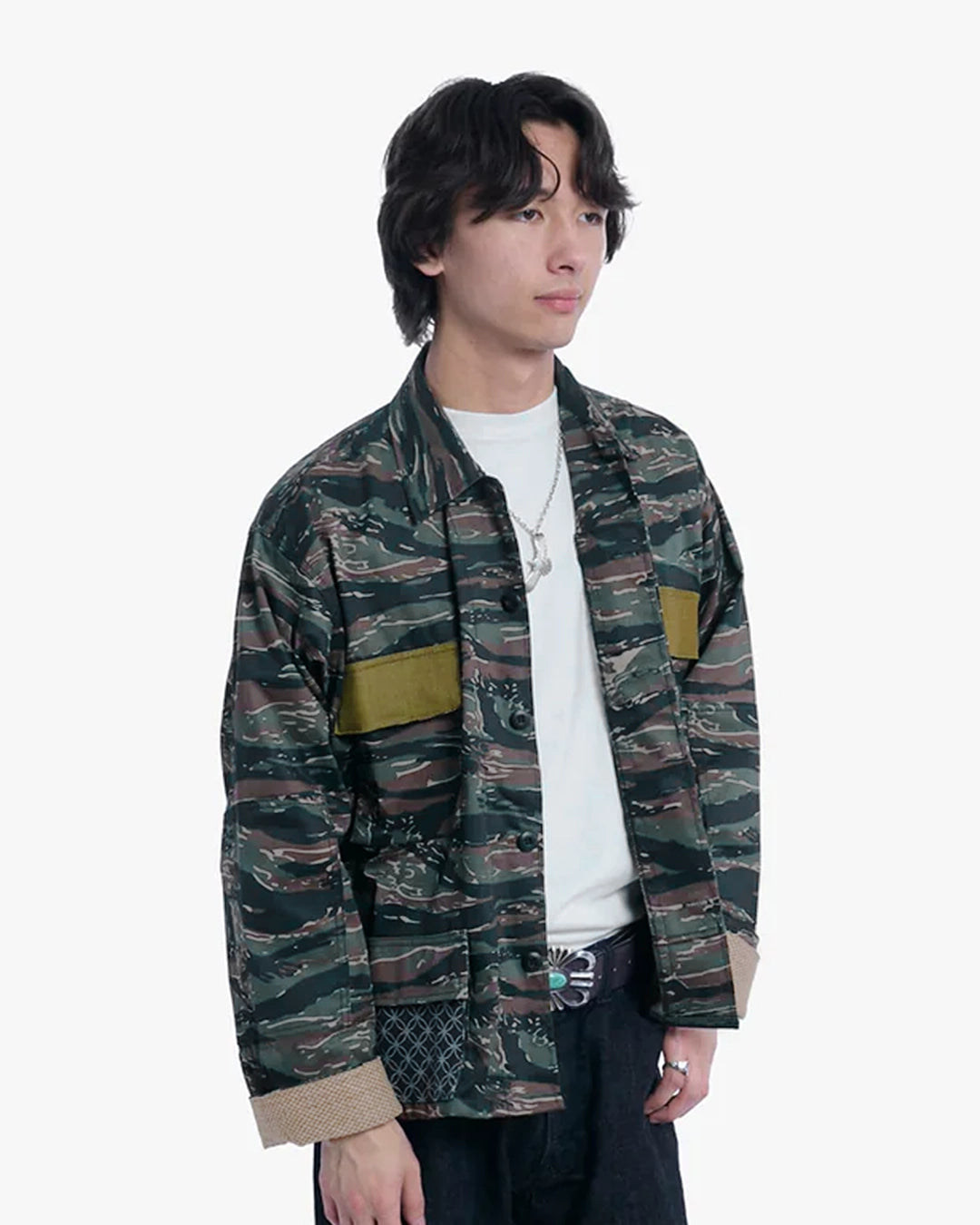 Kiriko Custom Cropped Military Jacket, Camo Patched, Peacock Obi and Indigo Shippou with Matsuba Green Pockets Flaps