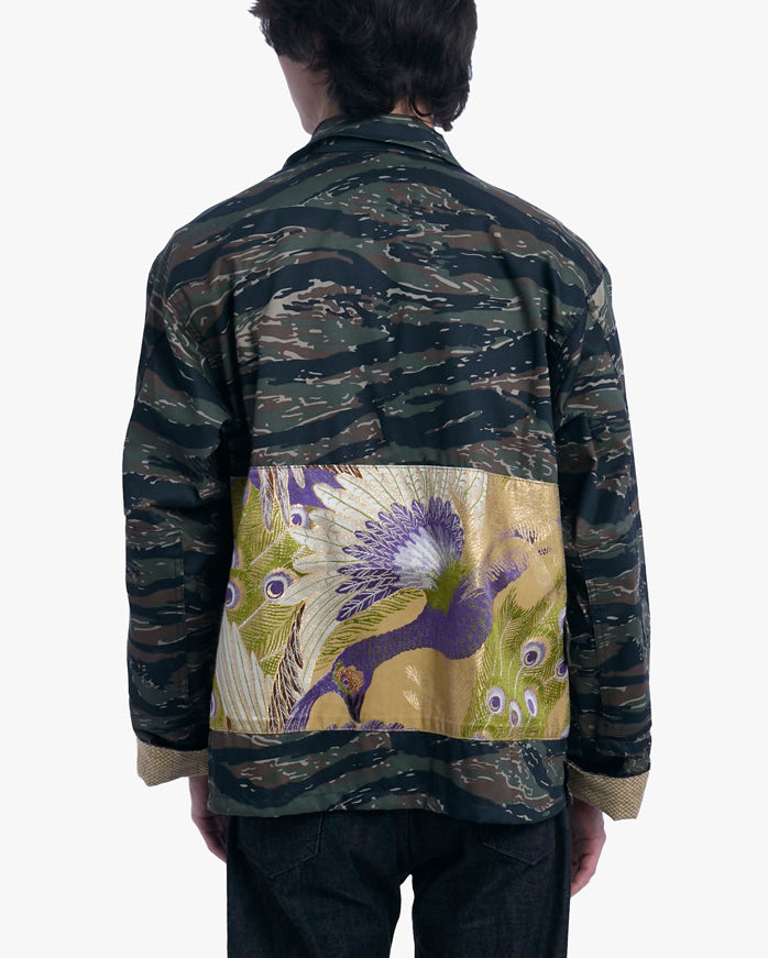 Kiriko Custom Cropped Military Jacket, Camo Patched, Peacock Obi and Indigo Shippou with Matsuba Green Pockets Flaps