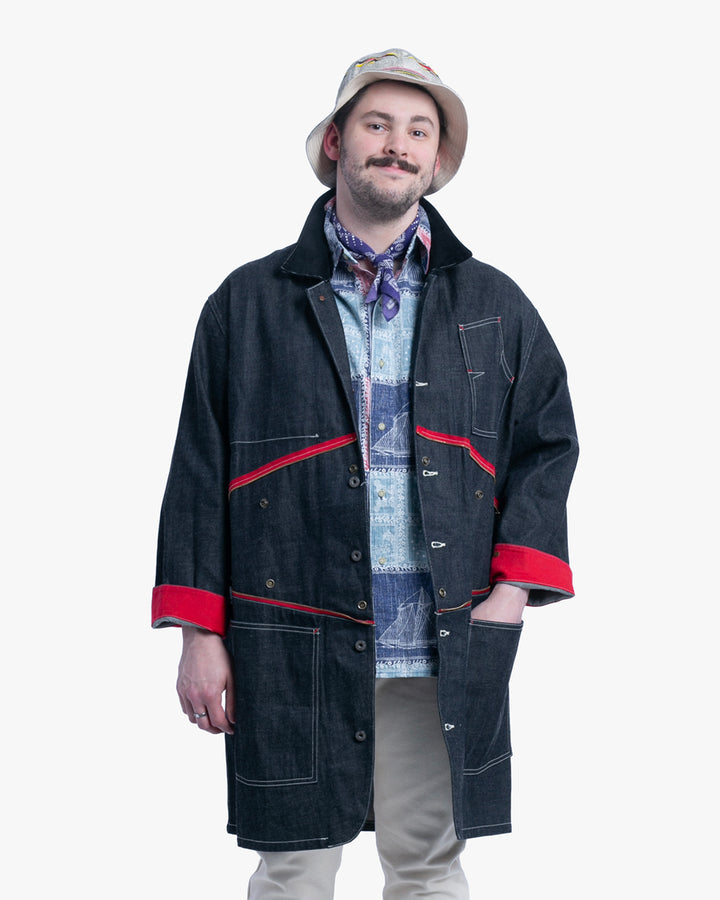 Japanese Repro Denim Chore Coat, S, Kapital, Dark Wash with Zipper and Red Accents