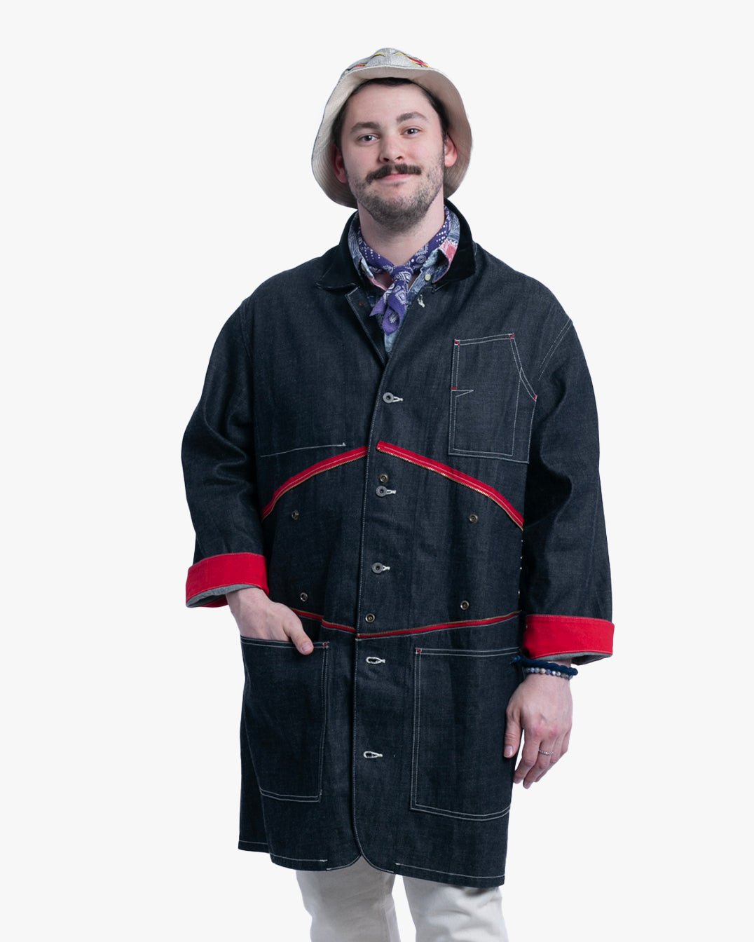 Japanese Repro Denim Chore Coat, S, Kapital, Dark Wash with Zipper and Red Accents