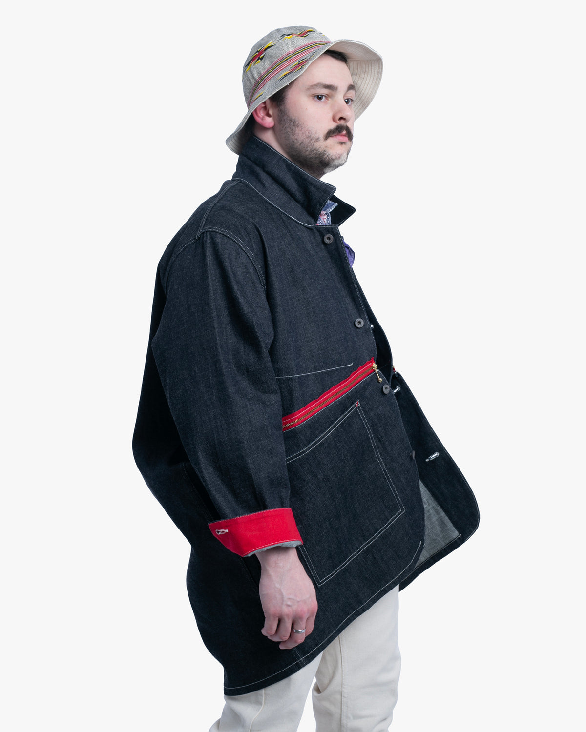 Japanese Repro Denim Chore Coat, S, Kapital, Dark Wash with Zipper and Red Accents