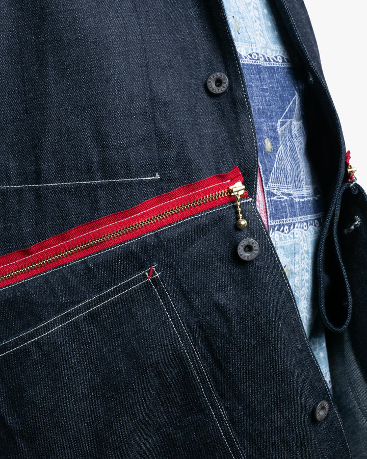 Japanese Repro Denim Chore Coat, S, Kapital, Dark Wash with Zipper and Red Accents