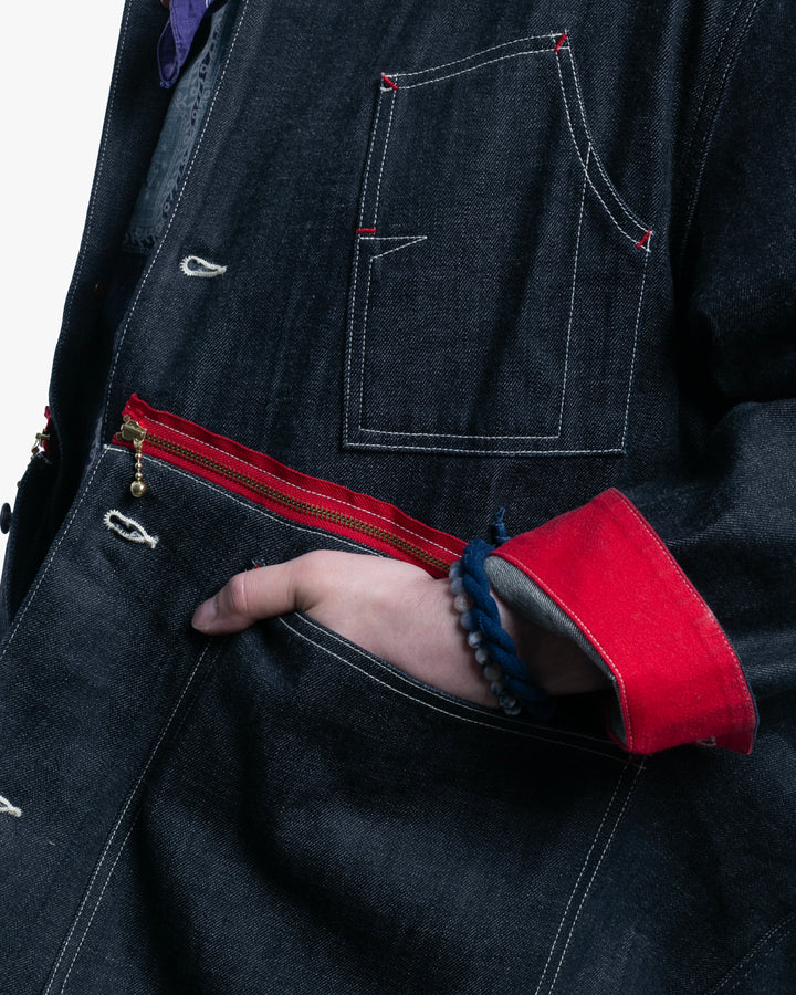 Japanese Repro Denim Chore Coat, S, Kapital, Dark Wash with Zipper and Red Accents