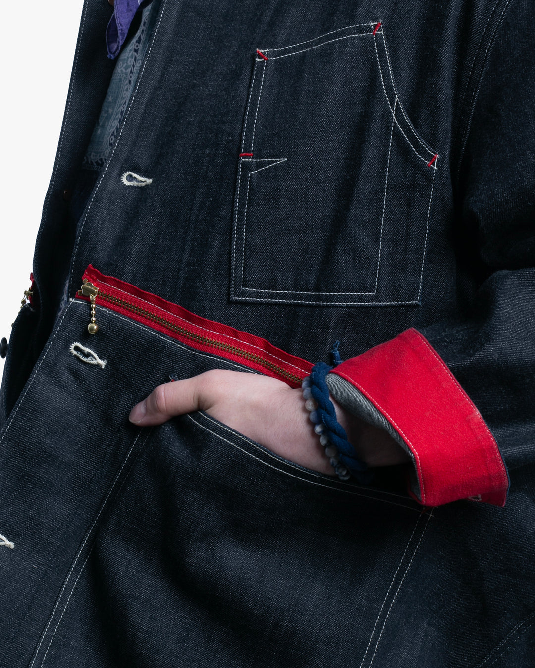 Japanese Repro Denim Chore Coat, S, Kapital, Dark Wash with Zipper and Red Accents