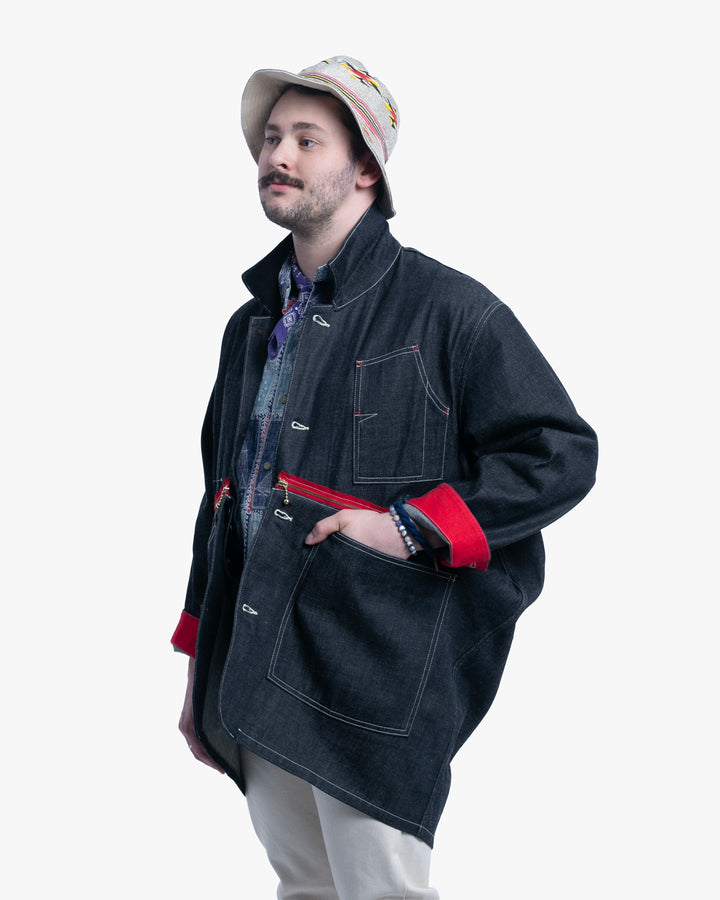 Japanese Repro Denim Chore Coat, S, Kapital, Dark Wash with Zipper and Red Accents