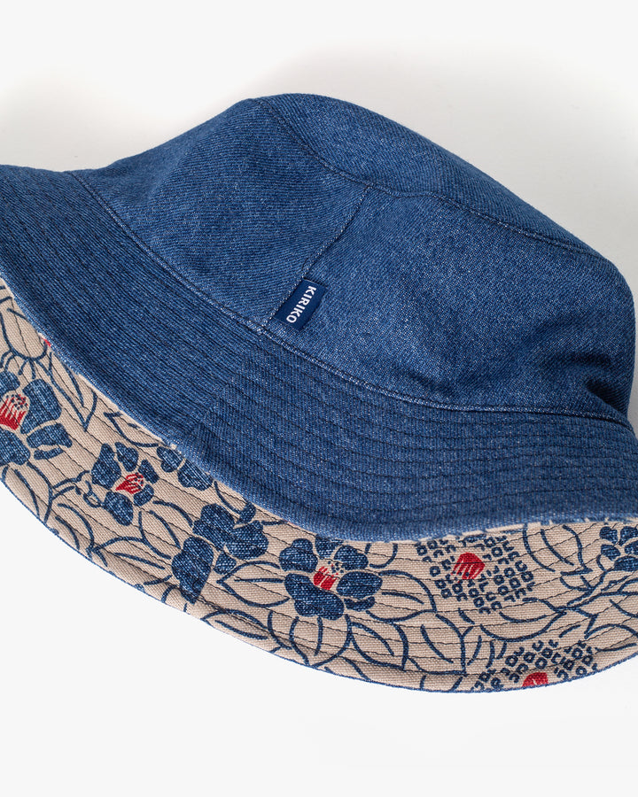 Kiriko Original Bucket Hat, Reversible, Cream Tsubaki Denim