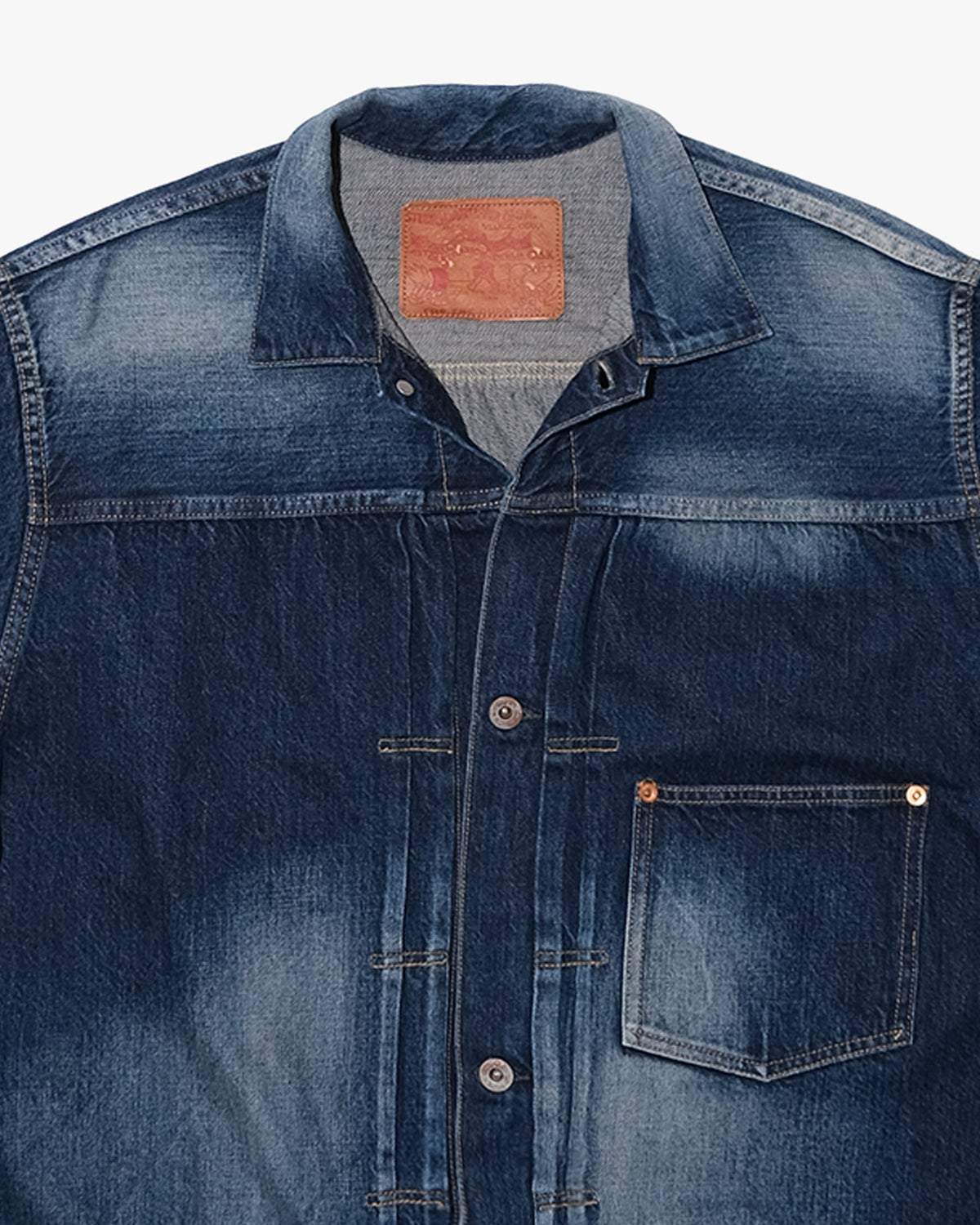 Japanese Repro Type I Trucker Jacket, L, Studio D'Artisan, Dark Wash Blue Denim with Faded Accents