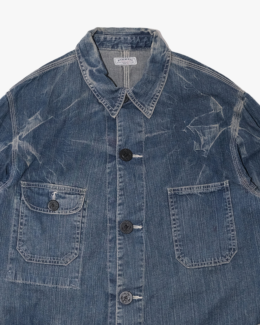 Japanese Repro Denim Jacket, L, Eternal, Faded Wash Blue with Bleached Details