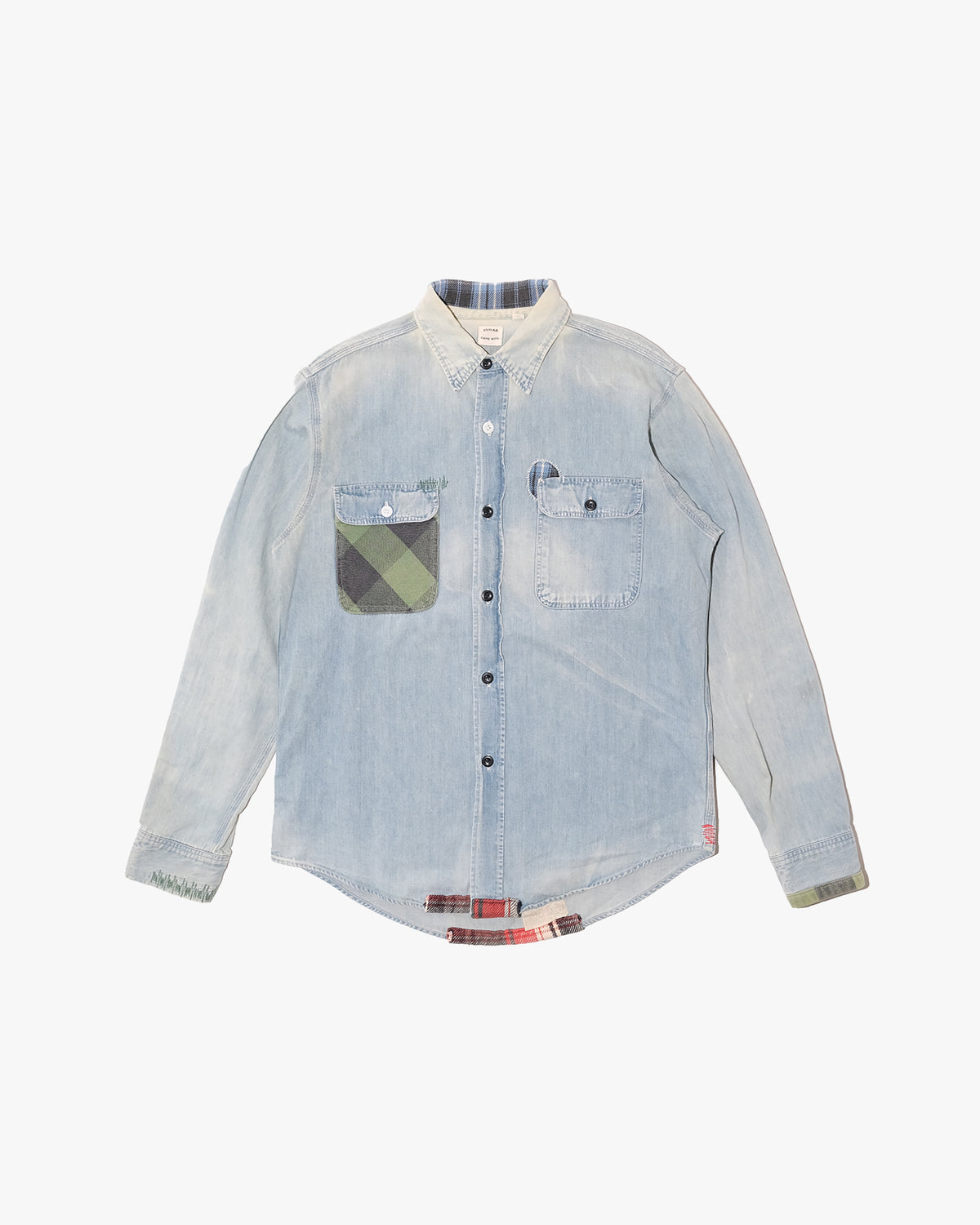 Japanese Repro Long-Sleeve Shirt, L, Sugar Cane, Light Wash Blue Denim with Patches
