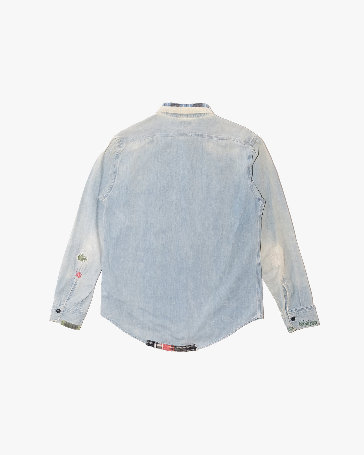 Japanese Repro Long-Sleeve Shirt, L, Sugar Cane, Light Wash Blue Denim with Patches