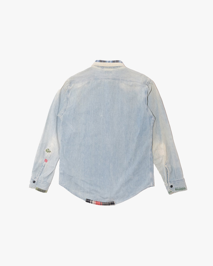 Japanese Repro Long-Sleeve Shirt, L, Sugar Cane, Light Wash Blue Denim with Patches