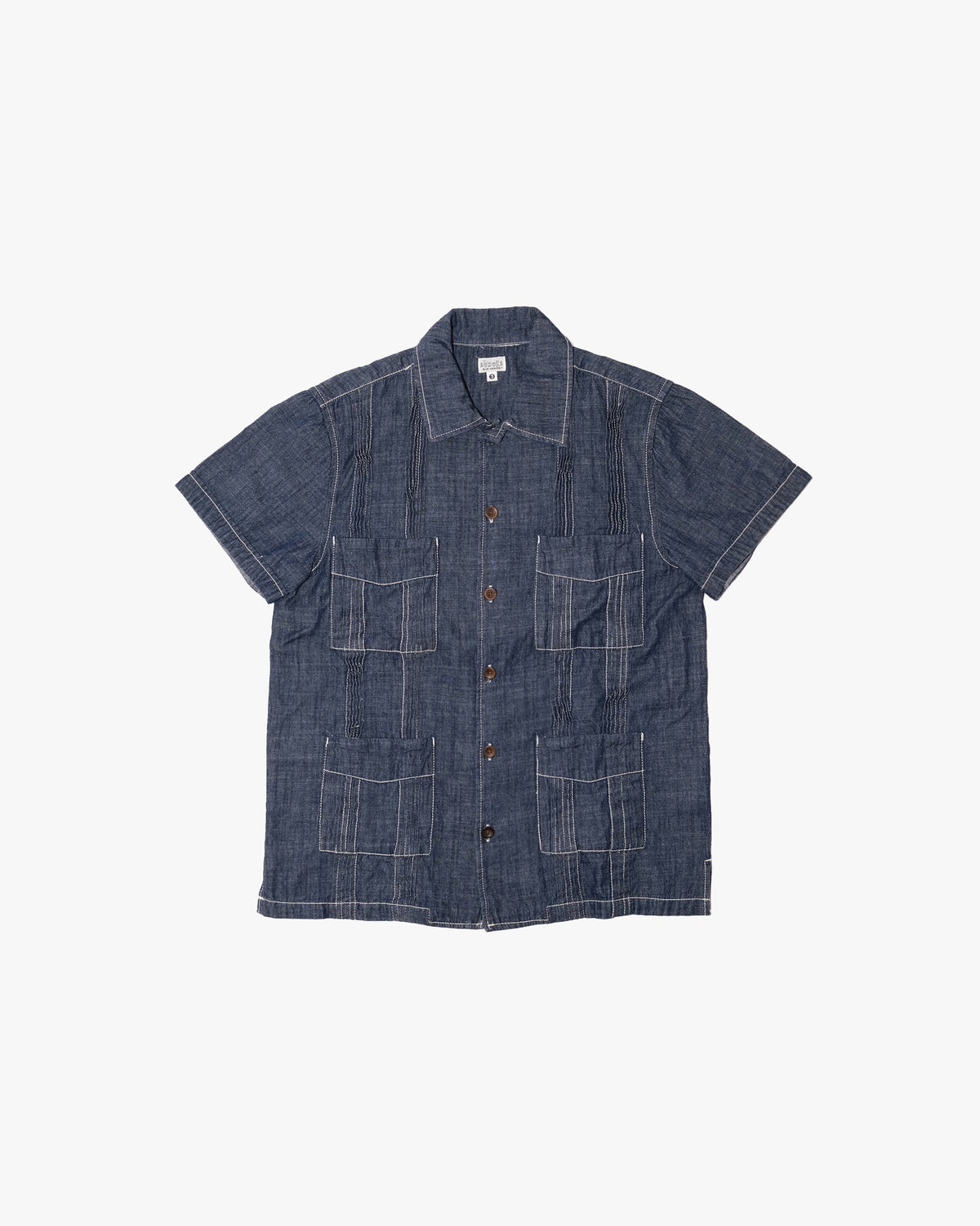Japanese Repro Short-Sleeve Shirt, M, Aozora, Dark Wash Denim with Pintuck Details