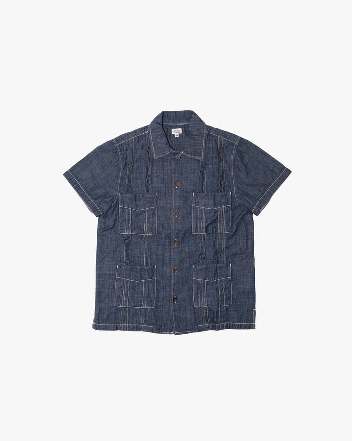 Japanese Repro Short-Sleeve Shirt, M, Aozora, Dark Wash Denim with Pintuck Details