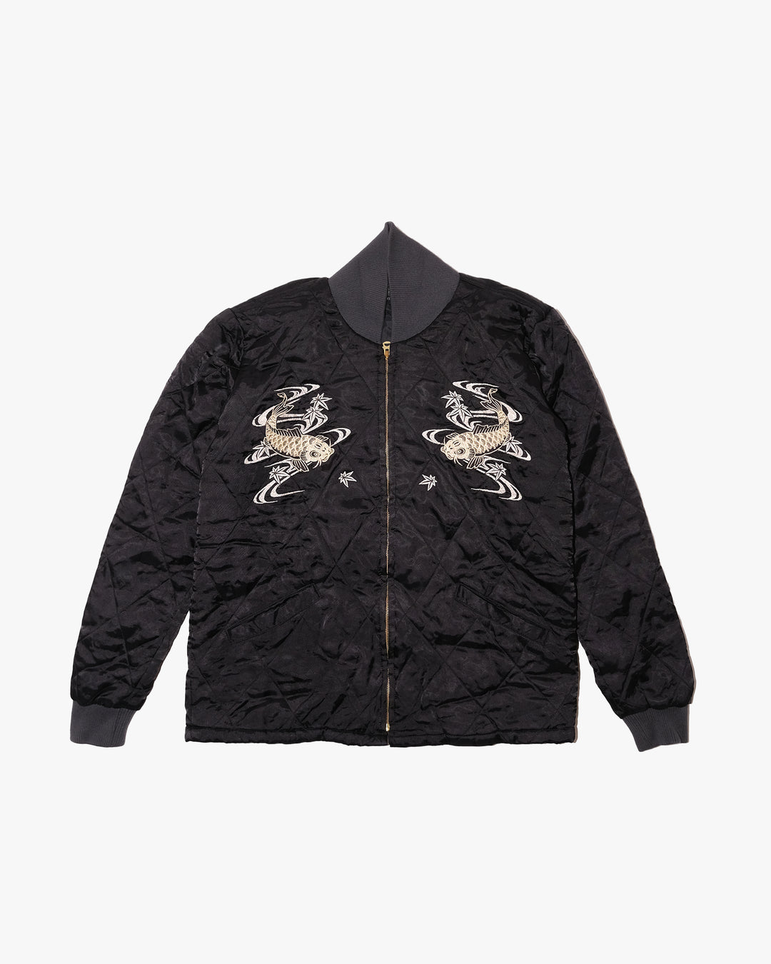 Japanese Repro Souvenir Jacket, XL, Cropped Heads, White and Gold Koi Fish on Black