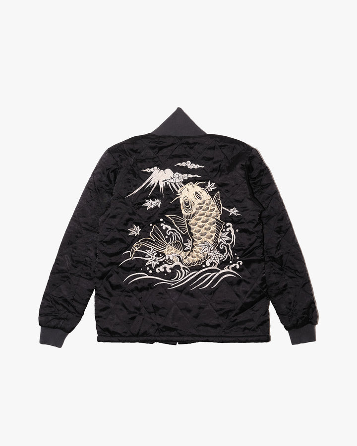 Japanese Repro Souvenir Jacket, XL, Cropped Heads, White and Gold Koi Fish on Black