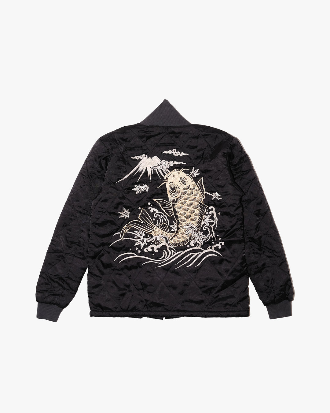 Japanese Repro Souvenir Jacket, XL, Cropped Heads, White and Gold Koi Fish on Black