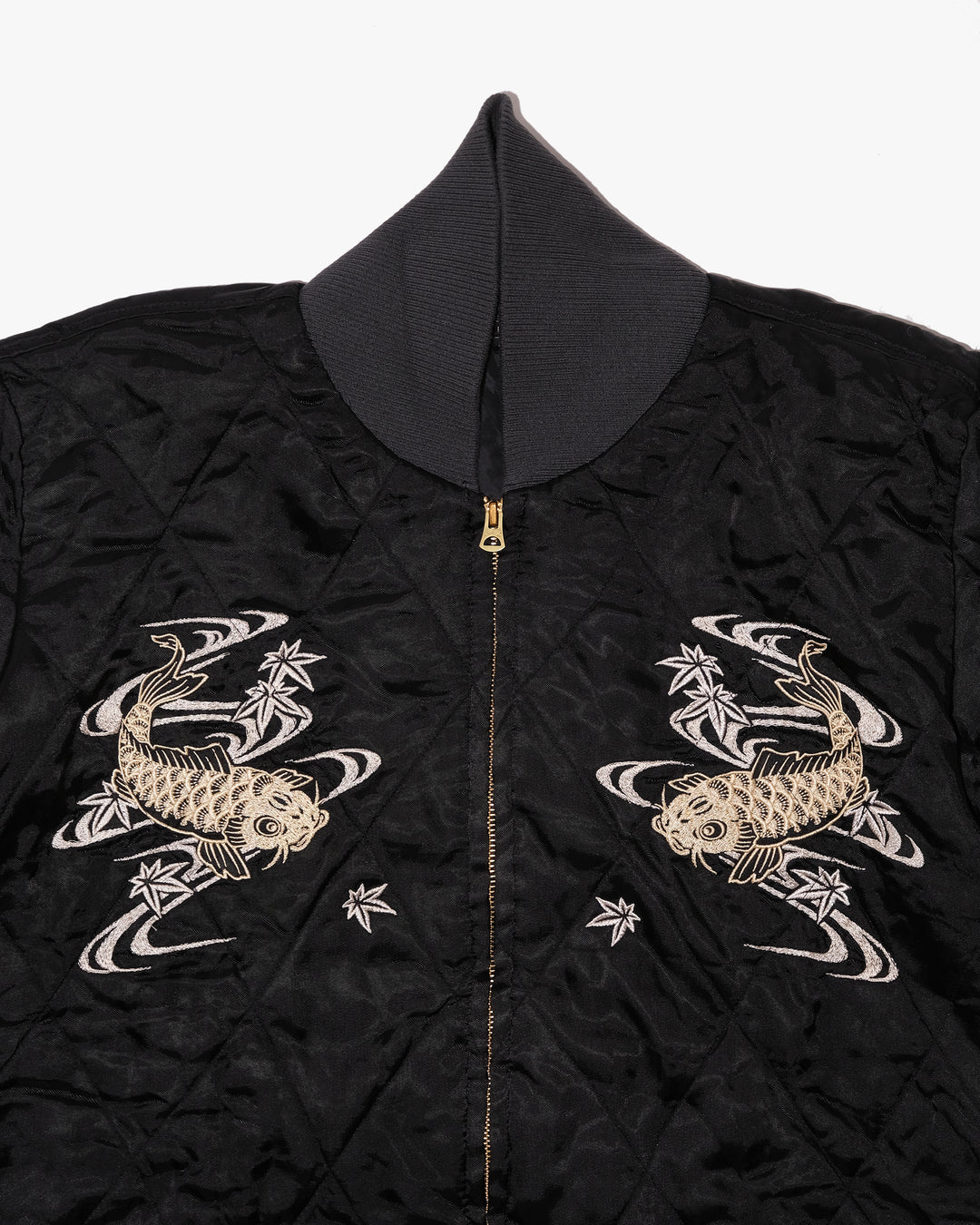 Japanese Repro Souvenir Jacket, XL, Cropped Heads, White and Gold Koi Fish on Black