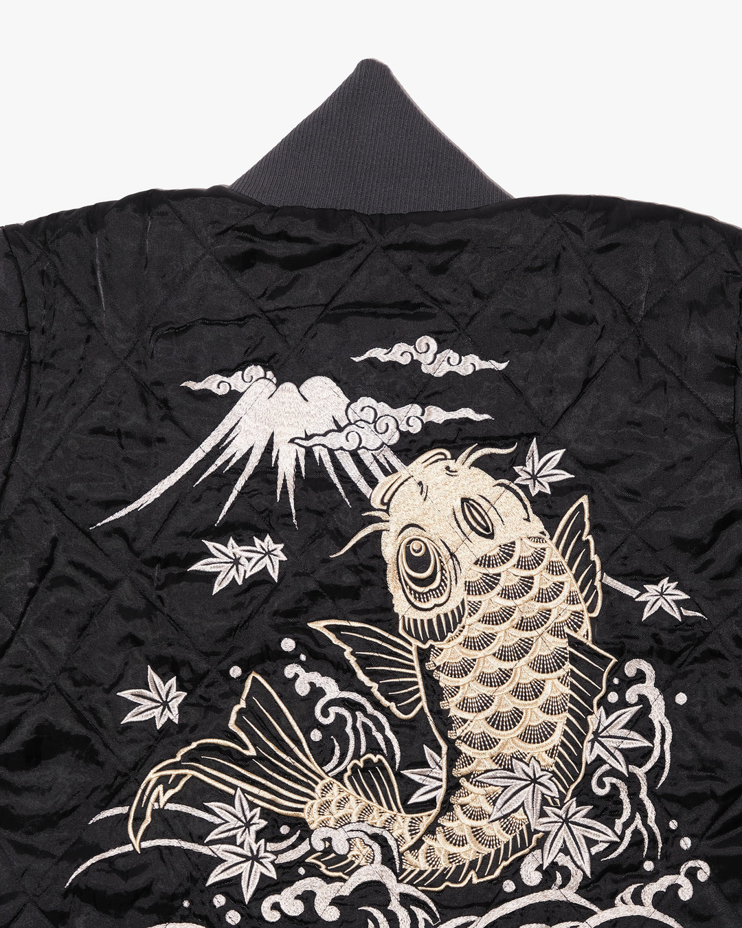 Japanese Repro Souvenir Jacket, XL, Cropped Heads, White and Gold Koi Fish on Black