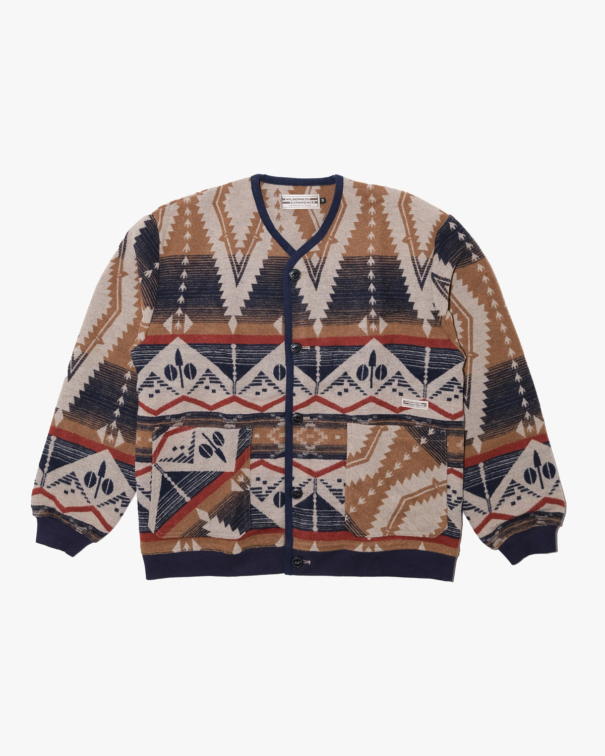 Japanese Repro Long-Sleeve Cardigan, M, Wilderness Experience, Brown Geometric Print with Red and Blue Accents