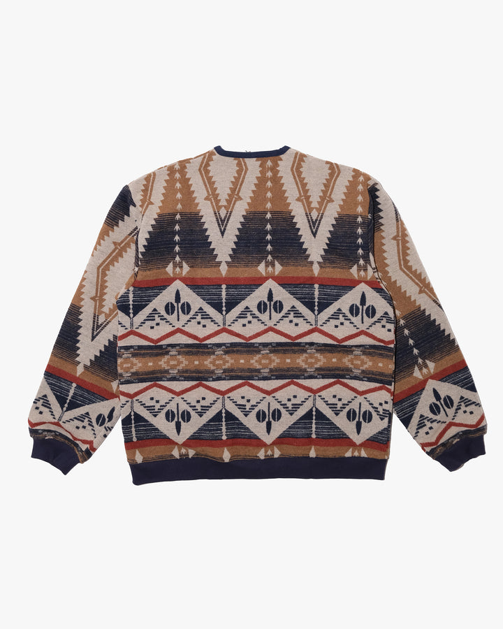 Japanese Repro Long-Sleeve Cardigan, M, Wilderness Experience, Brown Geometric Print with Red and Blue Accents
