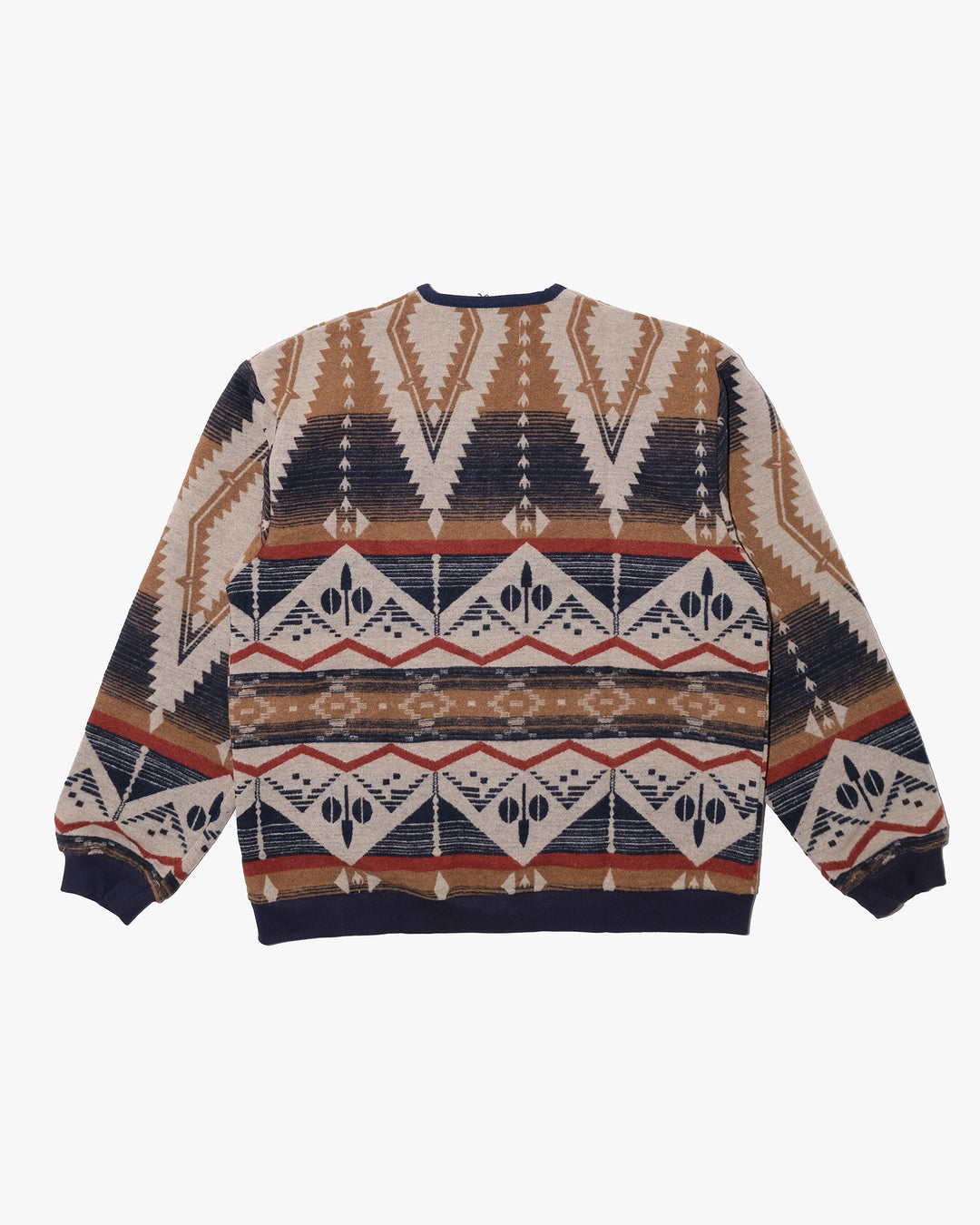 Japanese Repro Long-Sleeve Cardigan, M, Wilderness Experience, Brown Geometric Print with Red and Blue Accents