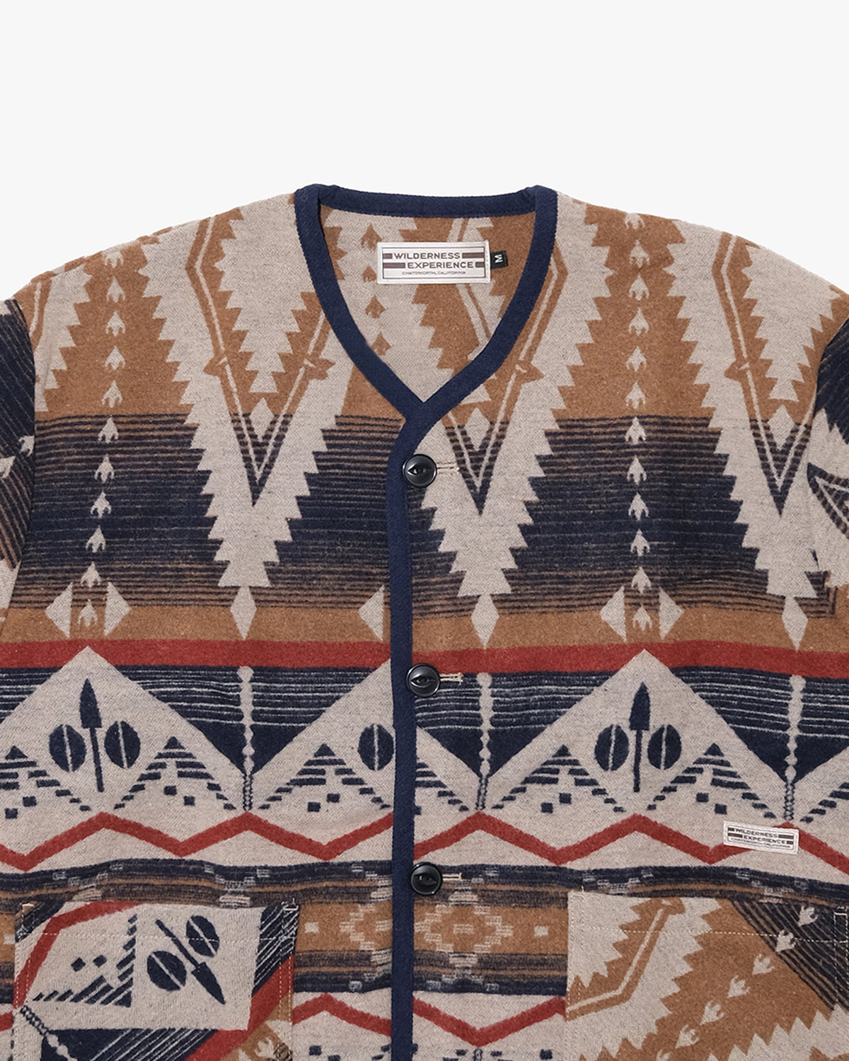 Japanese Repro Long-Sleeve Cardigan, M, Wilderness Experience, Brown Geometric Print with Red and Blue Accents