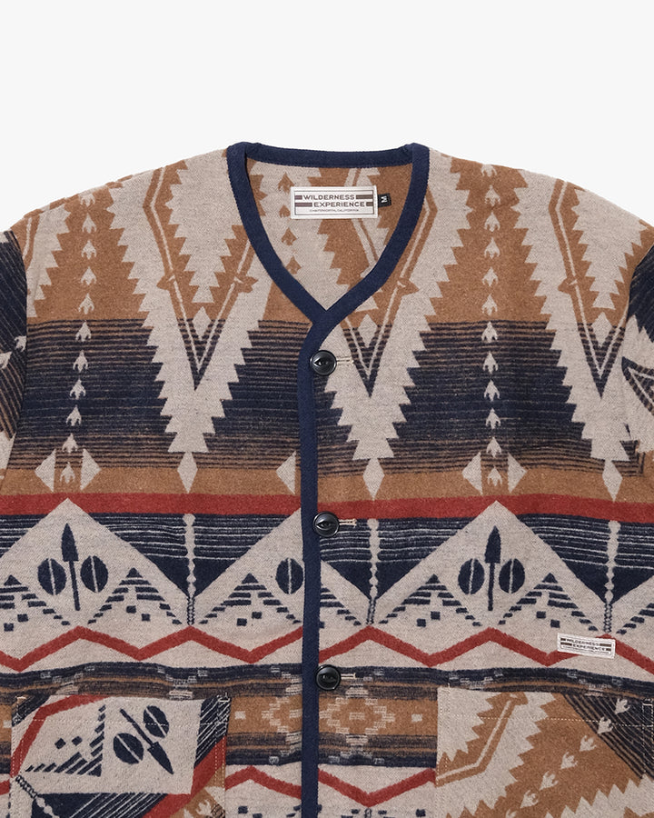 Japanese Repro Long-Sleeve Cardigan, M, Wilderness Experience, Brown Geometric Print with Red and Blue Accents