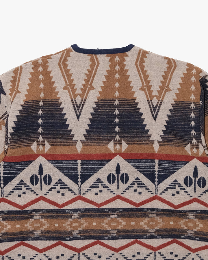 Japanese Repro Long-Sleeve Cardigan, M, Wilderness Experience, Brown Geometric Print with Red and Blue Accents