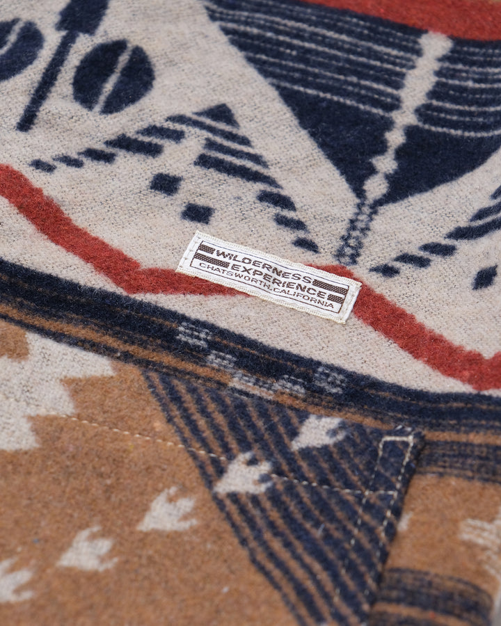 Japanese Repro Long-Sleeve Cardigan, M, Wilderness Experience, Brown Geometric Print with Red and Blue Accents