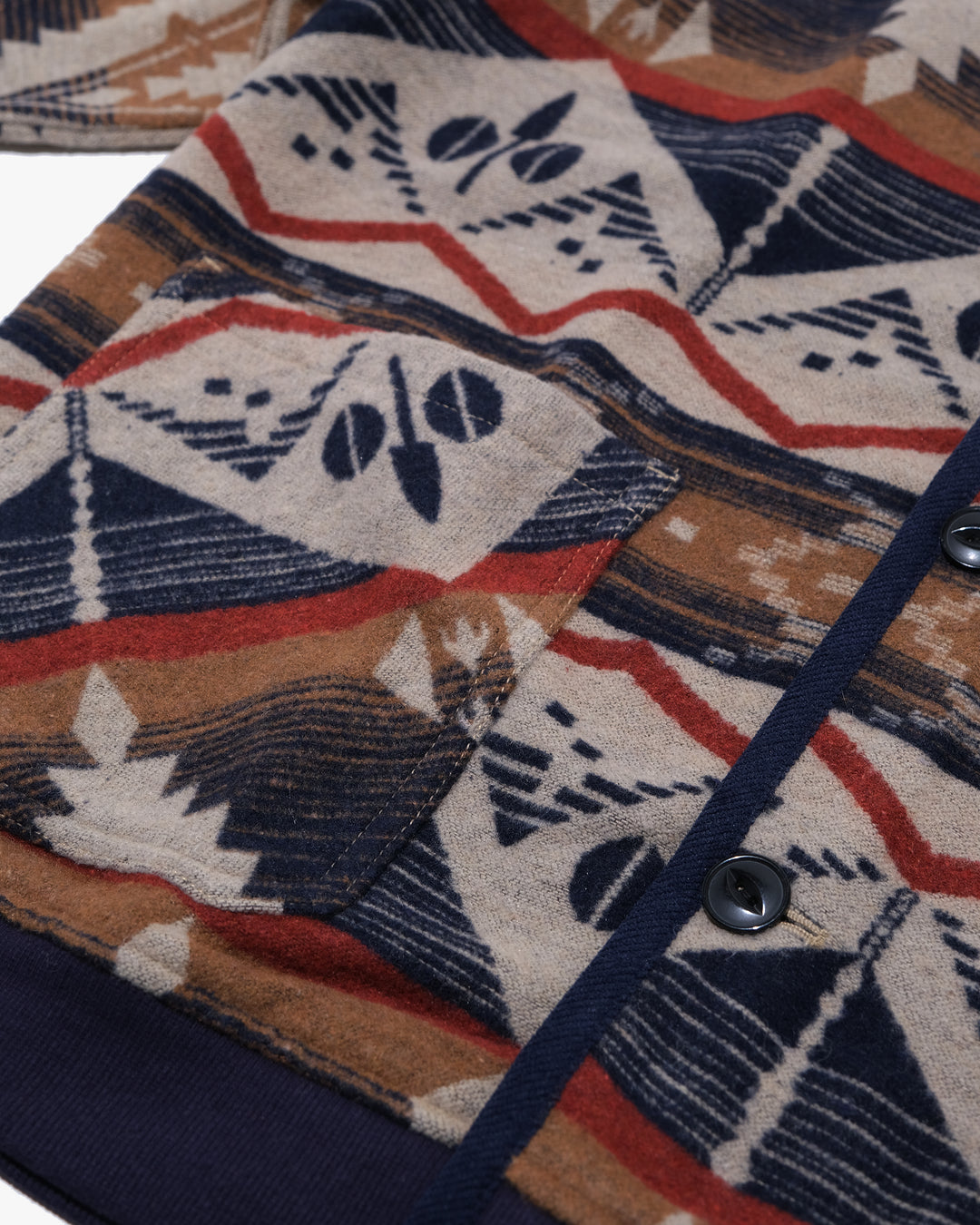 Japanese Repro Long-Sleeve Cardigan, M, Wilderness Experience, Brown Geometric Print with Red and Blue Accents
