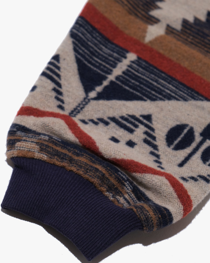 Japanese Repro Long-Sleeve Cardigan, M, Wilderness Experience, Brown Geometric Print with Red and Blue Accents