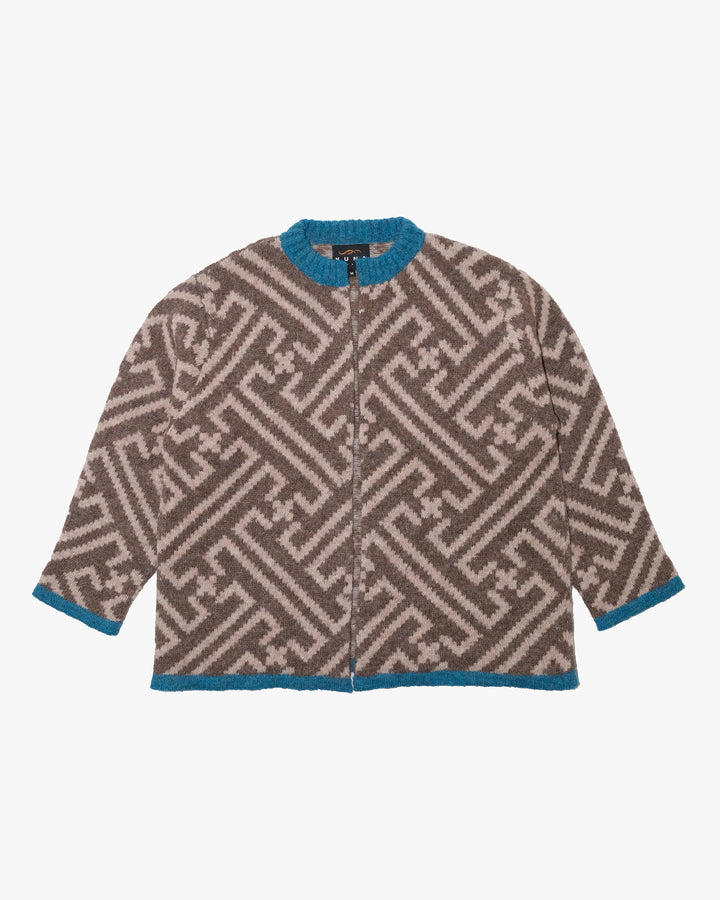 Japanese Repro Long-Sleeve Cardigan, M, Nuna, Warm Grey Geometric Print with Blue Contrast
