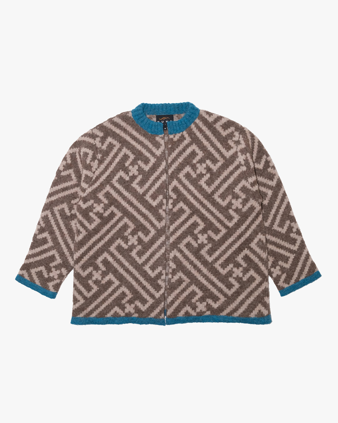 Japanese Repro Long-Sleeve Cardigan, M, Nuna, Warm Grey Geometric Print with Blue Contrast