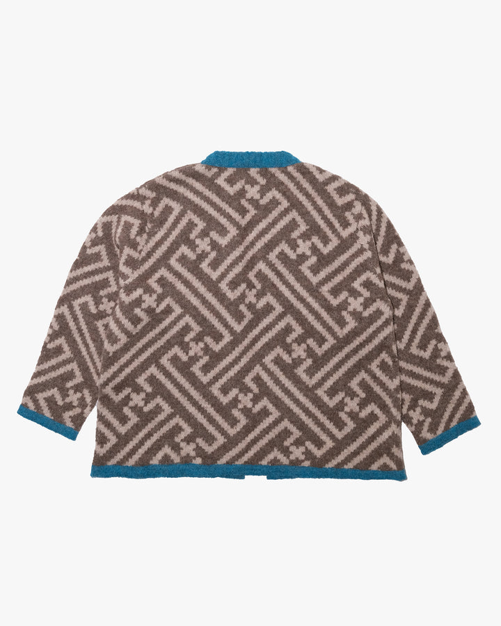 Japanese Repro Long-Sleeve Cardigan, M, Nuna, Warm Grey Geometric Print with Blue Contrast