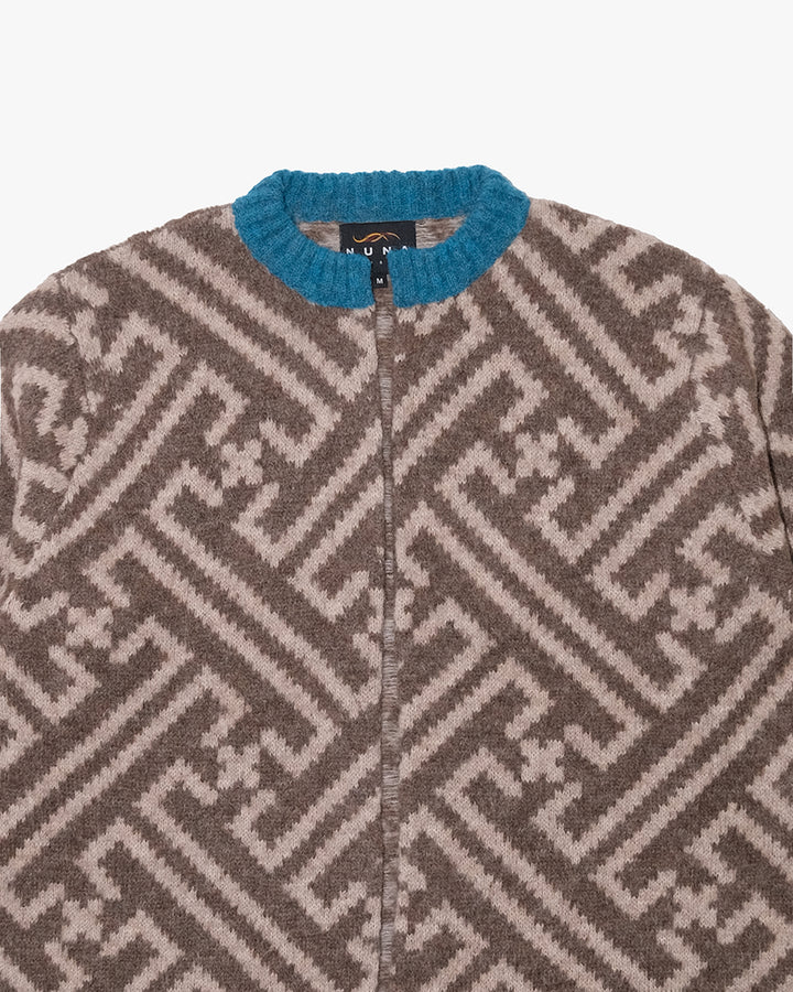 Japanese Repro Long-Sleeve Cardigan, M, Nuna, Warm Grey Geometric Print with Blue Contrast