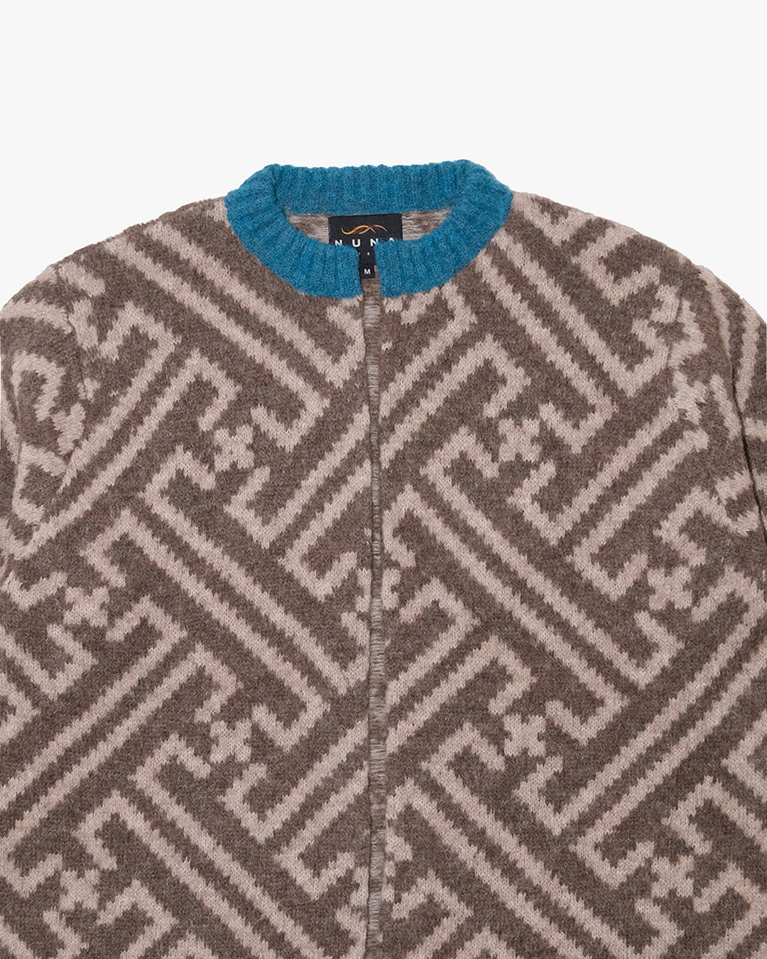 Japanese Repro Long-Sleeve Cardigan, M, Nuna, Warm Grey Geometric Print with Blue Contrast