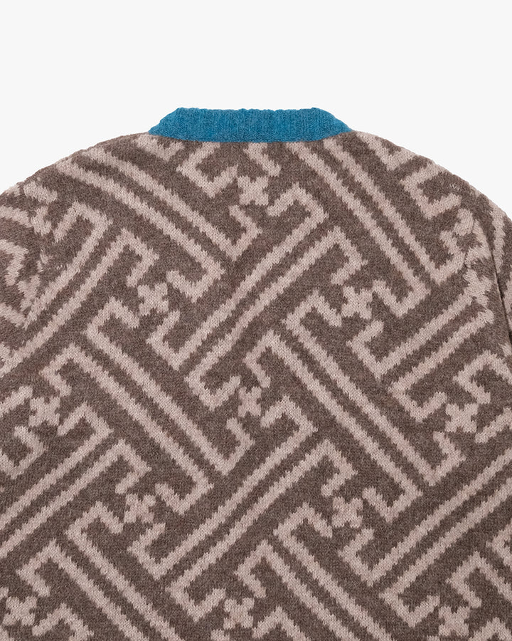 Japanese Repro Long-Sleeve Cardigan, M, Nuna, Warm Grey Geometric Print with Blue Contrast
