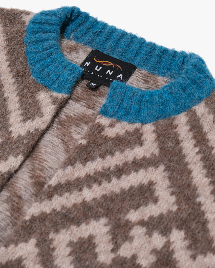 Japanese Repro Long-Sleeve Cardigan, M, Nuna, Warm Grey Geometric Print with Blue Contrast