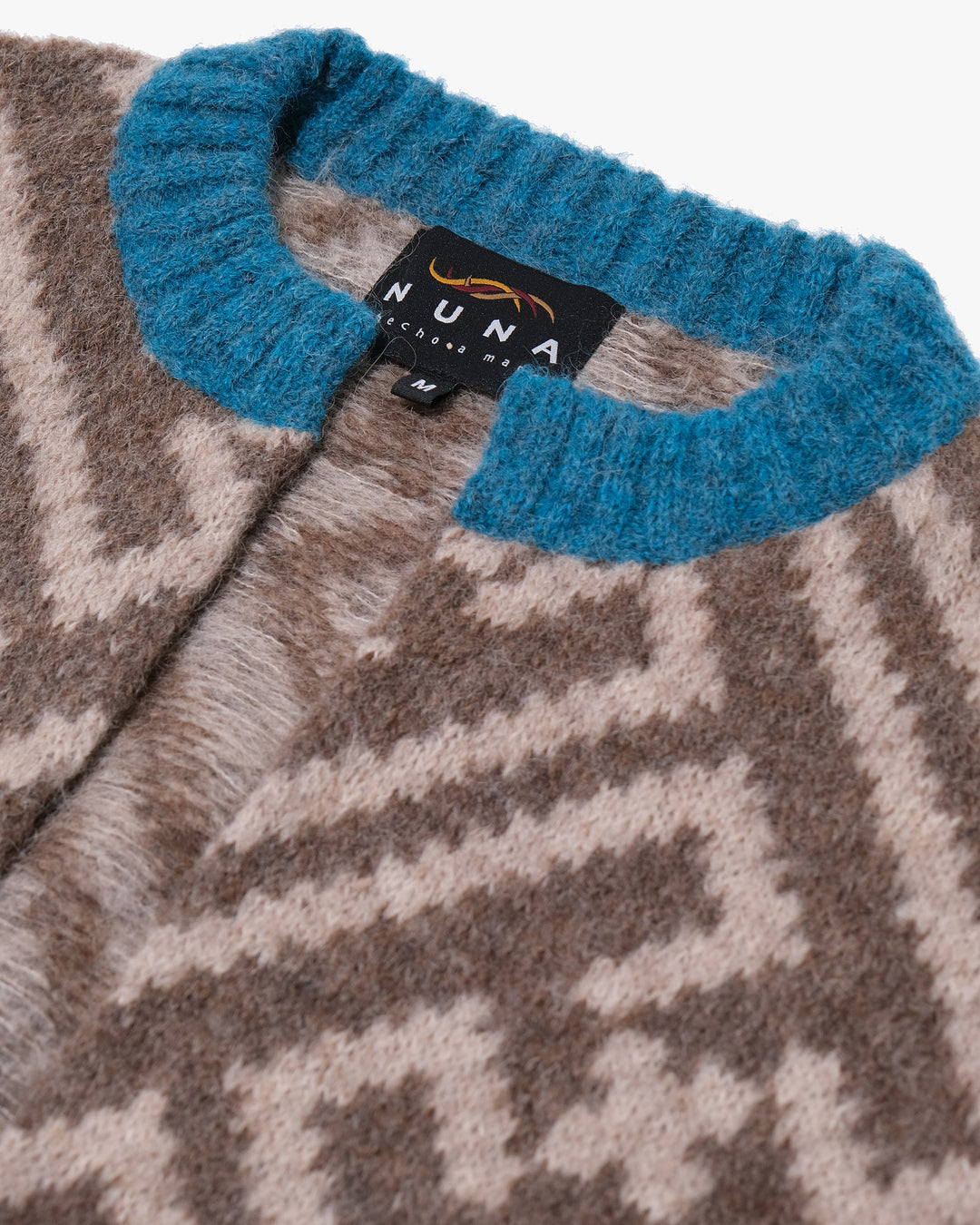 Japanese Repro Long-Sleeve Cardigan, M, Nuna, Warm Grey Geometric Print with Blue Contrast