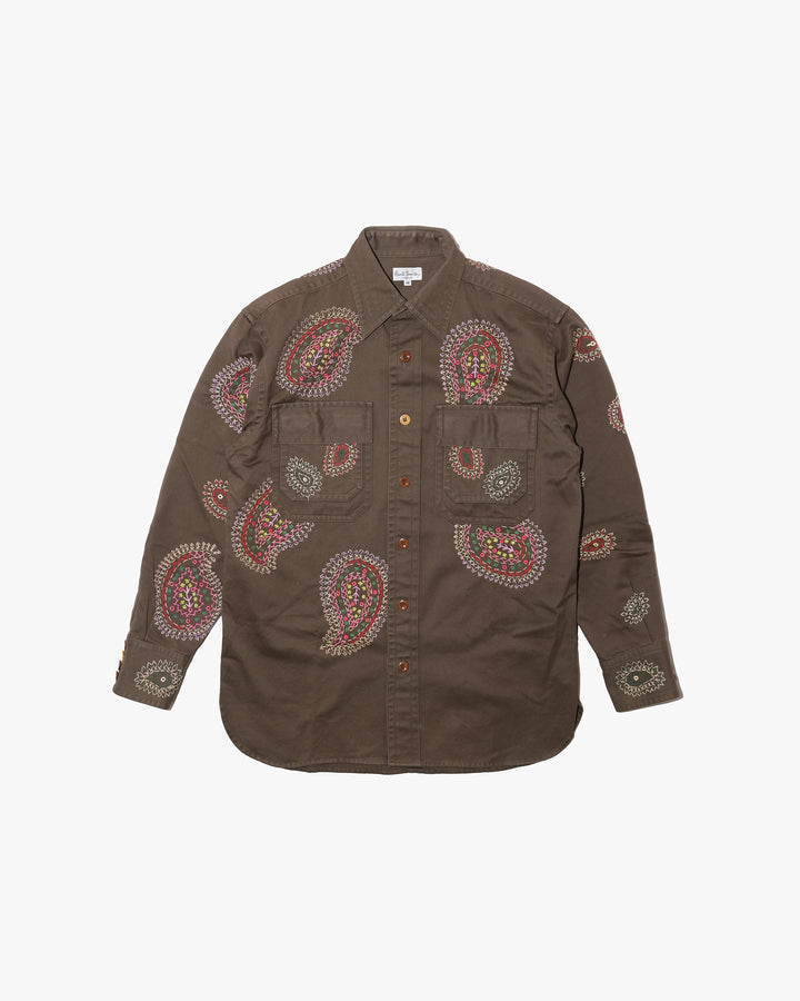 Japanese Repro Long-Sleeve Shirt, M, Paul Smith, Brown with Multicolor Embroidered Paisley