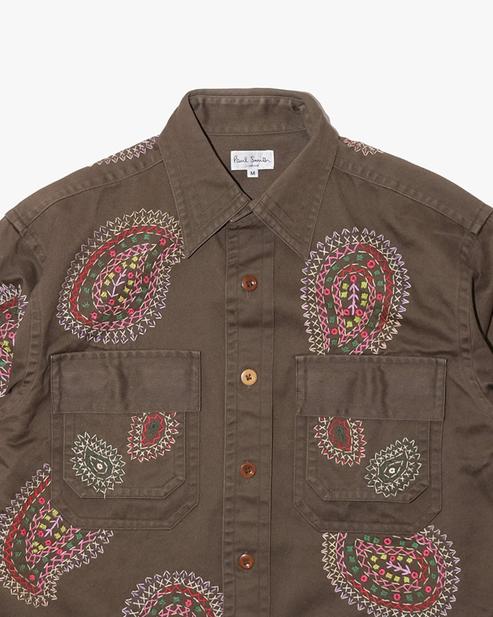 Japanese Repro Long-Sleeve Shirt, M, Paul Smith, Brown with Multicolor Embroidered Paisley