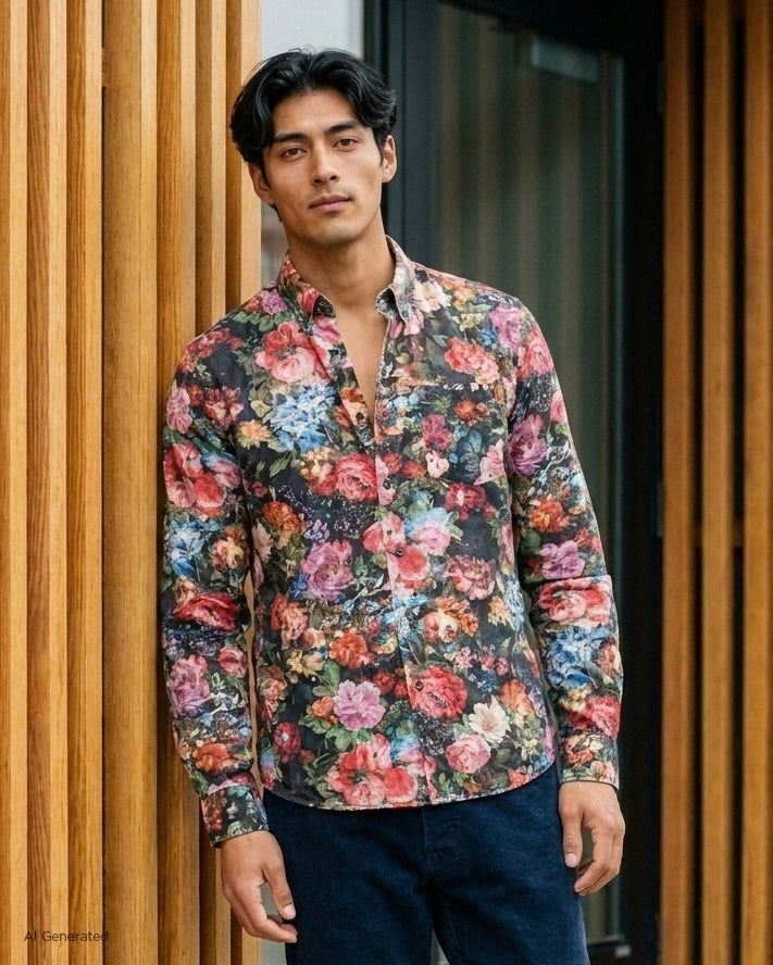 Japanese Repro Long-Sleeve Shirt, L, Hollywood Ranch Market, Multicolor Floral Corduroy