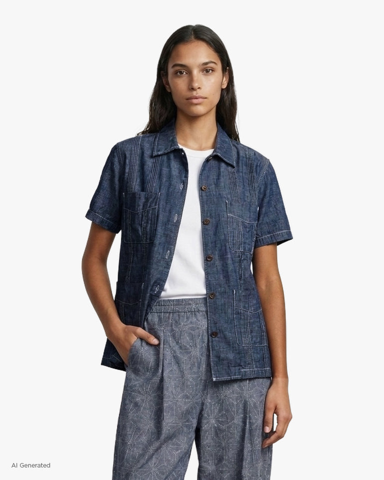 Japanese Repro Short-Sleeve Shirt, M, Aozora, Dark Wash Denim with Pintuck Details