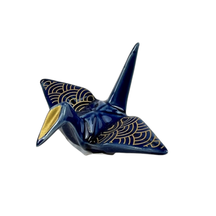 Urban Tokyo, Origami Crane Porcelain Chopsticks Rest 2"L Seigaiha Navy