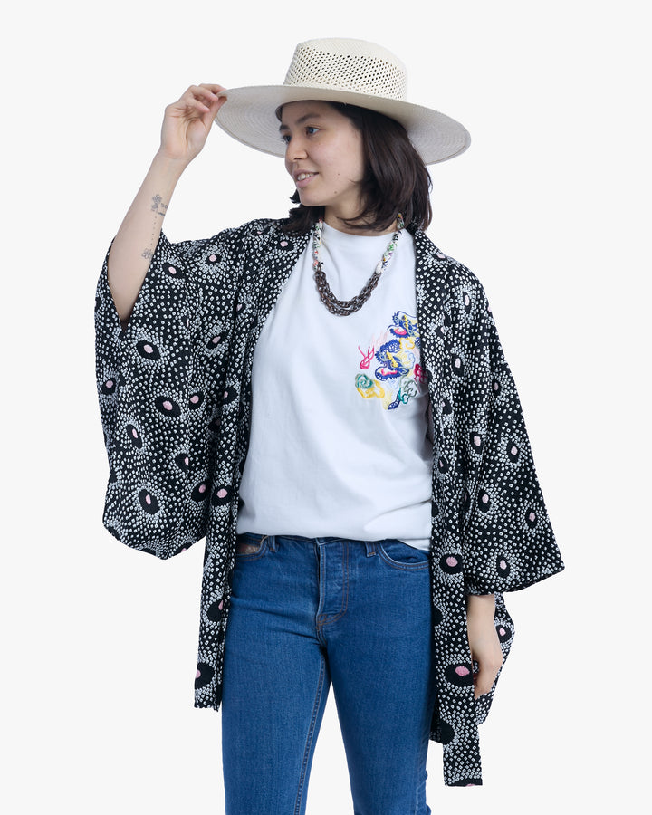 Vintage Haori Jacket, Full Shibori, Black and Pink Kanoko