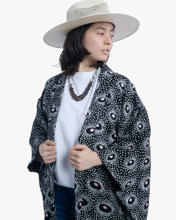 Vintage Haori Jacket, Full Shibori, Black and Pink Kanoko