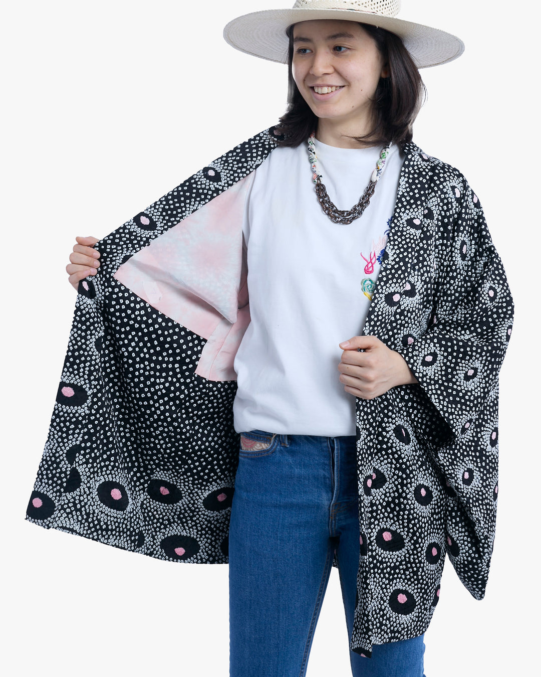 Vintage Haori Jacket, Full Shibori, Black and Pink Kanoko