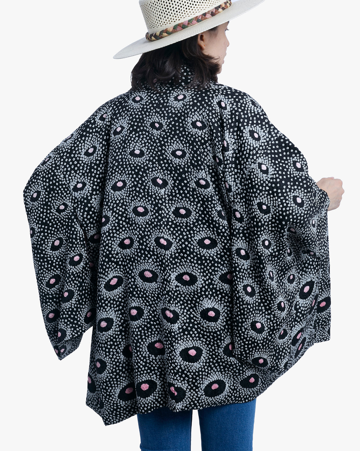 Vintage Haori Jacket, Full Shibori, Black and Pink Kanoko