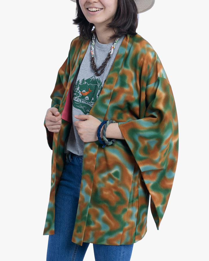 Vintage Haori Jacket, Meisen, Green Orange Waves