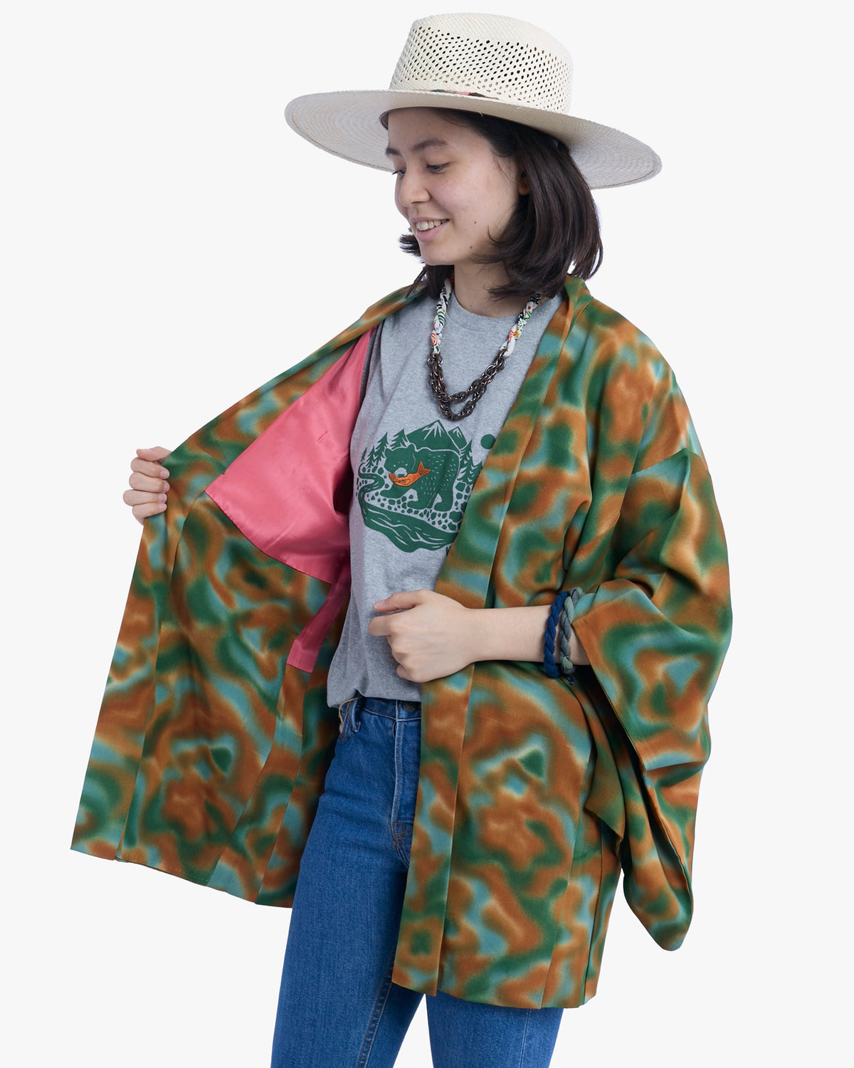 Vintage Haori Jacket, Meisen, Green Orange Waves